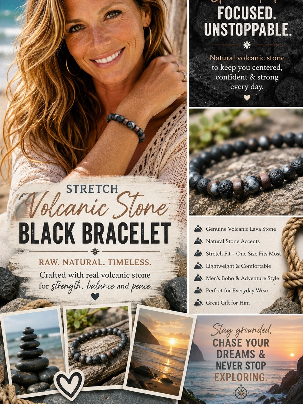 Stretch Volcanic Stone Black Bracelet